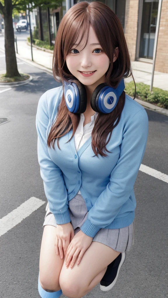nakano_miku, long hair, hair between eyes, headphones, headphones around neck, long sleeves, shirt, white shirt, cardigan, blue cardigan, skirt, pantyhose, gigantic breasts, outdoors, smile, looking at viewer, full body, idle