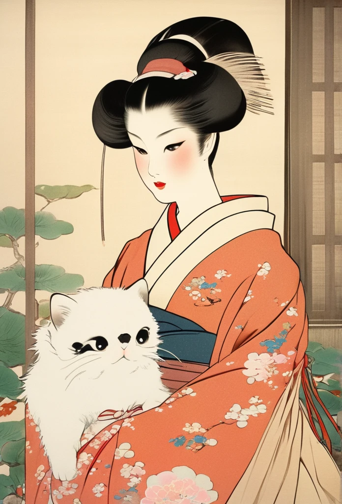 (Kosuke Fujishima style:1.2) , Hallucination, daydream , nightmare , Insane Dream , bokeh , erotica , romance , realistic mouse nymph and realistic cat , Women's hakama from the Meiji period , Petals fluttering down , Single eyelids, round nose, swollen cheeks , glossy lips , Collarbone , Hair blowing in the wind , Meiji period