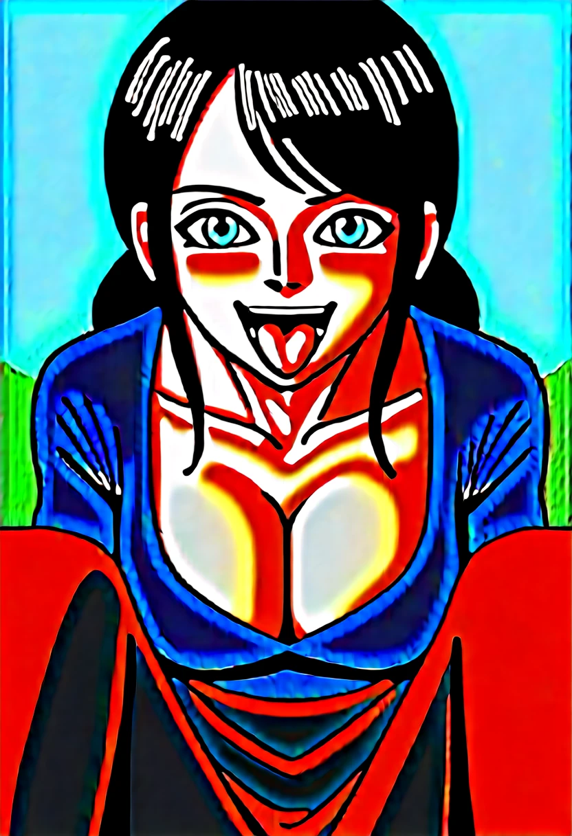 sunglass, wearing a long salmon sarong skirt that has a design of a green seaweed with red and yellow flowers on the side, black ling hair, blue eyes, dark wide pupils,score_9, score_8_up, score_7_up, score_6_up, score_5_up, score_4_up, BREAK, source_anime, 1girl, nico robin, cleavage, blue eyes, black hair, smile, solo looking at viewer, blush, open mouth, big mouth, tongue, tongue out, close up, saliva, uvula, uvula, room, mouth focus, excessive saliva, giantess, brown eyes, looking at viewer,, no lips, anime coloring,
