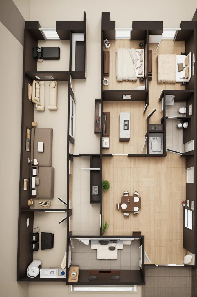 Floor plan of a 2 bedroom house, being a suite, 1 social bathroom, living room and kitchen delivered, large balcony.