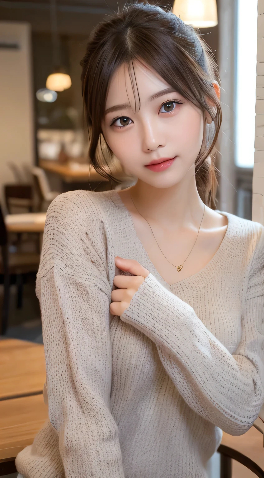 Tabletop, Highest quality, shape, Very detailed, finely, High resolution, 8k wallpaper, Perfect dynamic composition, Finely beautiful eyes, Elegant and gorgeous winter clothes,ponytail,Small breasts Natural color Lips, Bold sexy pose,smile,harajuku、20-year-old girl、cute、sexy shot looking at camera、 (Get closer to the face, Make your face bigger, Face Focus:1.0), BREAK, (masterpiece, Highest quality, Very detailed, Detailed face, 8K)