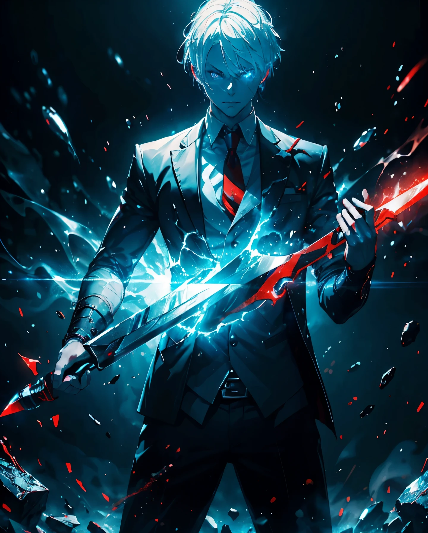 grade, change,White hair, blue colored eyes,holding a knife, red liquid and red blood, lounge background.HD lighting and dark )(epic image quality) dark atmosphere with glowing light particles(lots of background effects)