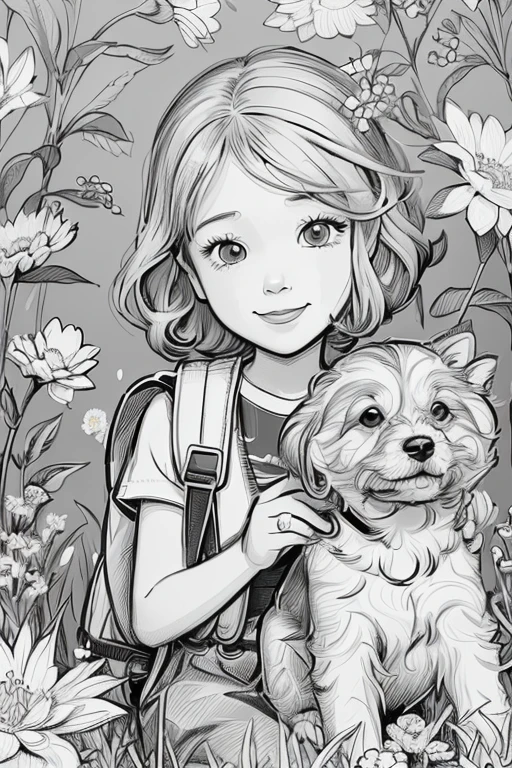 A very adorable with a backpack and her cute puppy enjoying a beautiful spring walk surrounded by flowers and nature. The illustration is a illustration with detailed facial features and cartoon-style visuals, (high contrast, sketch, monochrome, clean line drawings for coloring book:1.5)