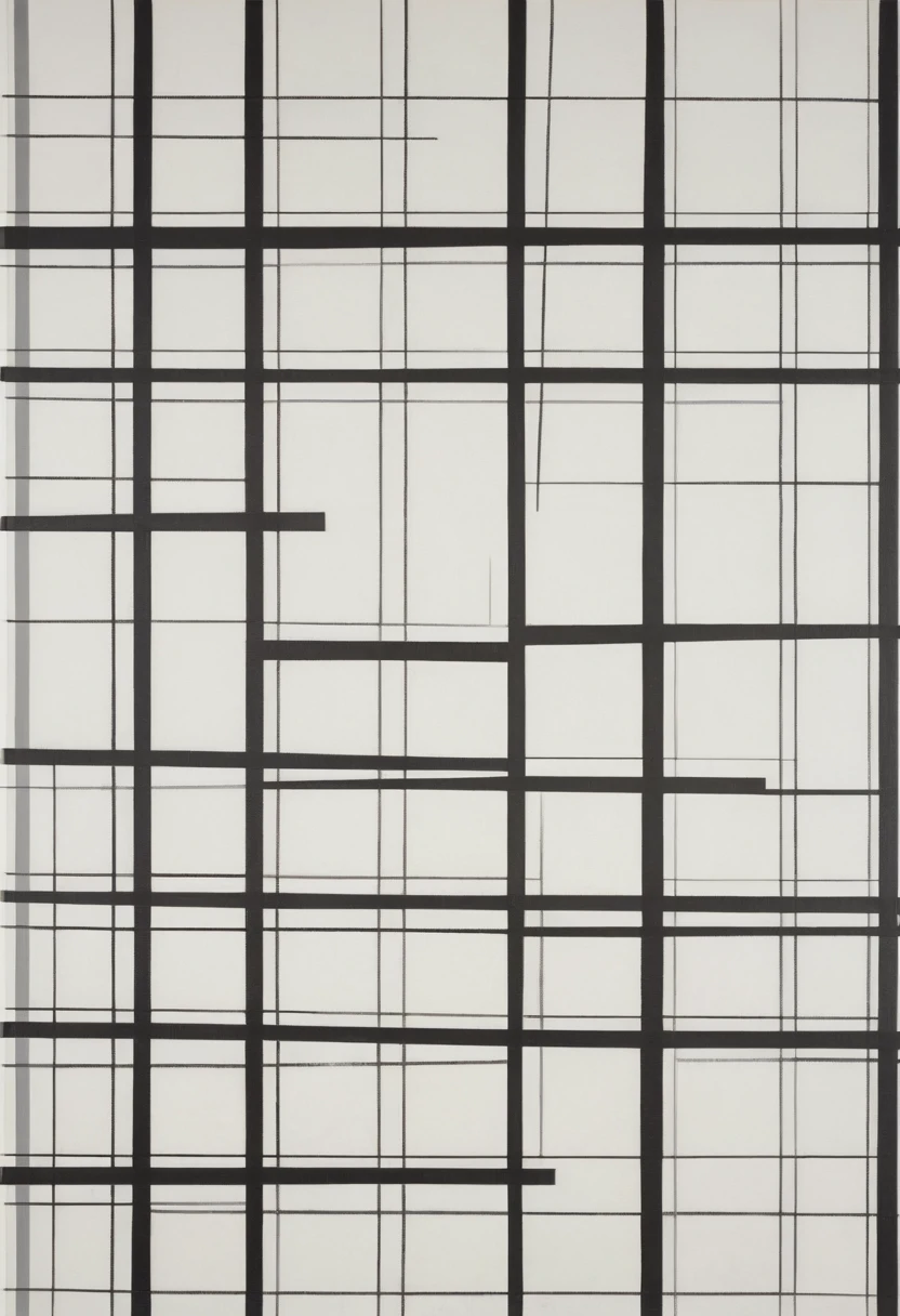 Design with straight lines and simple geometric shapes. A grid design in gray and black tones. The grid is made up of black and gray lines that intersect at right angles, creating a series of uniform squares and rectangles. The gray tones vary in intensity, adding depth and contrast to the pattern. The white background highlights the sharpness of the lines, while the precise and regular arrangement of the grid provides a sense of order and balance. The simplicity and elegance of the design emphasize clarity and minimalism, resulting in a visually attractive and modern composition., Abstract expressionism, UHD, masterpiece, accurate, super detail, 16k