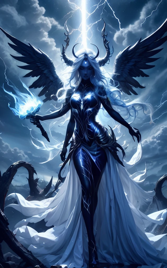 Full body shot, Demoness, busty, ((highest quality)),(ultra high resolution),(Super detailed),(detailed description),((best CG)),(best work of art),super precision art,amazing drawing art,(Fantasy art with intricate detail:1.5), A spear of light that pierces heaven and earth,Lightning emanating from the aurora cuts through the night sky,Angels blowing the trumpets of the end