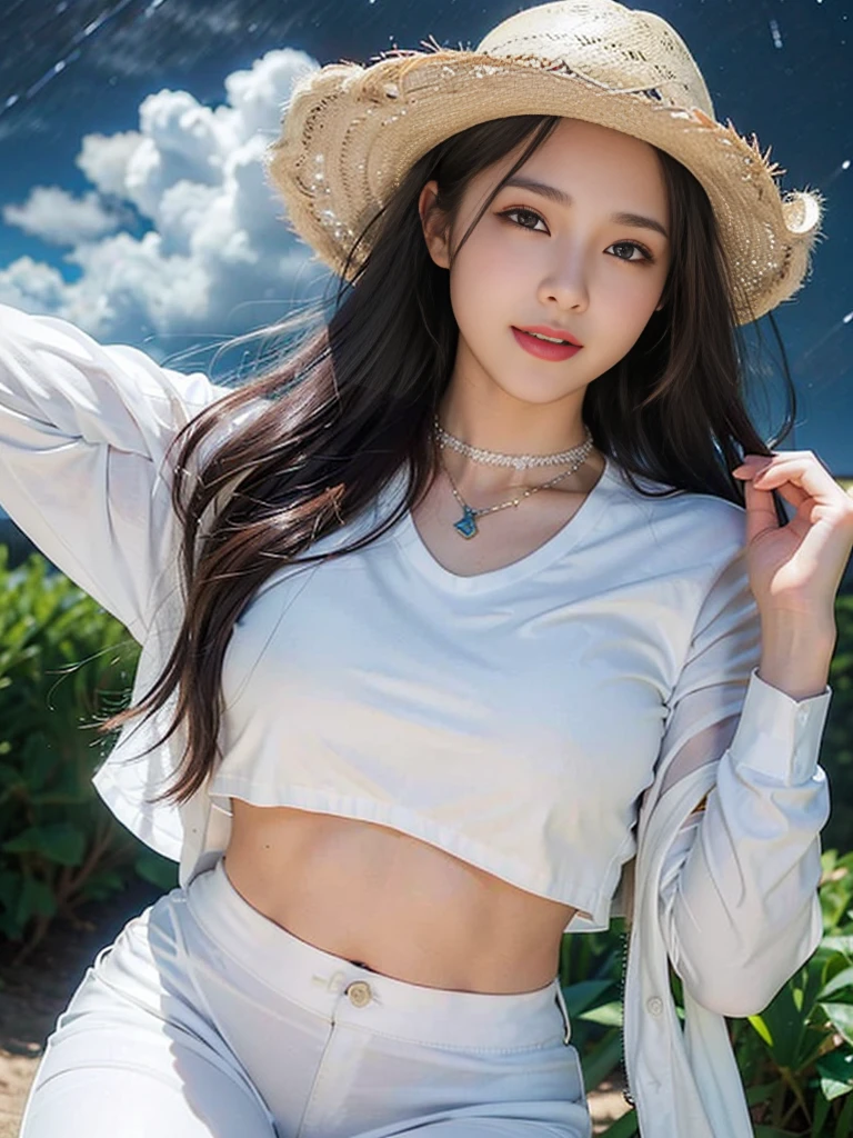 Look at this and smile、Colorful summer clothes、top quality、masterpiece、超High resolution、(actual:1.4)、Very wide lens、close up、Young woman beautiful、Nice detailed eyes and skin、smile、Short brown hair haircut、bust、Small necklace、、straw fedora hat、、Summer sky、(highest image quality: 1.35), high quality, Realistic photo, (A beautiful woman:1.33), beautiful expression, (delicate eyes:1.3), (delicate face:1.3), Smile, (light hair silhouette:1.2), Super detailed , high resolution, Athletic figure, (big breasts:1.25), (long hair:1.2), (beautiful woman), (Cute navel:1.2), ( Depth of field f/1.8:1.45 ), sharp focus, original image , (Thin white shirt:1.45), (Thin white pants:1.4), (Thin white tight pants:1.4 ), (shirt thin white eyelashes:1.4), (thick thighs:1.5), (forward facing:1.25), (cowboy photo:1.4), (night sports:1.4), ( dark sky:1.5 ),