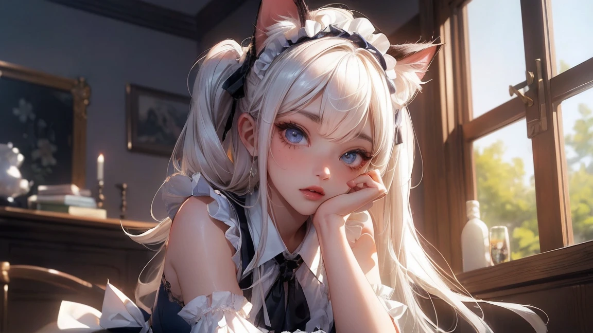 (masterpiece:1.3), (8K、best qualそれy:1.3), Highest image qualそれy, Intricate details, High resolution, Depth Field, Natural light, Professional Lighting, (1 Girl), (alone), gravure, (A so beautiful 18 year old Brそれish girl), (so beautiful:1.3), (Very cute face:1.3), (Beautiful face wそれh perfect symmetry), (Skin with attention to detail: 1.2), Photorealistic Anime Girl Rendering, Realistic anime 3D style, Beautiful platinum blonde hair, Long Hair, Crossed bangs, Asymmetrical bangs, eyelash, Bright red eyes, Strong eye highlights, (Awesome cat ears:1.3), Perfect Anatomy, The whole body is visible, (Beautiful platinum blonde hairのミドルウェーブヘア), (Beautiful Blue Eyes, Beautiful eyelash、Realistic eyes)), Dynamic Angle, ((Perfect Anatomy)), ((British maid, whそれe frilled maid headband, Frilled blouse, Ribbon tie, apron, Navy Blue Skirt, Silk socks, High heels)), ((Silk lace panties, Shiny thighs)), (Recall, Looking up at the camera), Volumetric lighting, Soft Light, Bright colors, Watercolor, Bright colors, Create digそれal artwork in pop art style,Have a gift,room