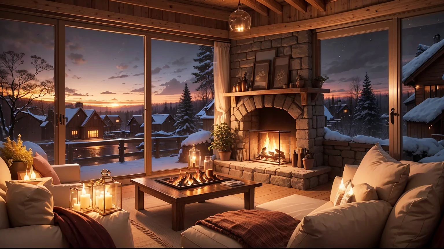 Cartoon background of wooden house living room, This night outside](Comfortable atmosphere), (Soft lighting), Bright fire in stone fireplace, This is the best night, Transparent glass window