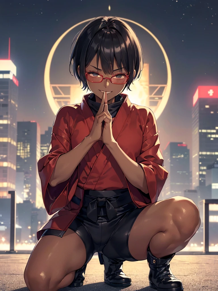 (flat chest:), (masterpiece:1.2), highest quality, High resolution, unity 8k wallpaper, (fine and beautiful eyes:1.6), highly detailed face, perfect lighting, Detailed CG, (perfect hands, perfect anatomy), (1 boy solo:1.4), 20 years old, black hair, extremely beautiful detailfeminine face and eyes, (evil smile:1.4), detailed eyes, best quality,( dark skin:1.8), (turtleneck shirt under yukata:1.2), (bike shorts:1.2), extremely detailed, very precise detailed, (glasses:1.3), blunt bangs, open mouth, (very short pixie cut:1.2), boots,fingerless gloves, smile, (half closed eyes:1.3), ,(on kawara roof),night sky, ,long sidelocks,(long red Scarf),(yukata),(squatting), ears,(acrobat pose:1.3),(squat:1.3),leaning forward,(one knee dwon:1.5),(Put one foot in front:1.3),(stylish pose:1.4),(Raise only index finger:1.1),(Joining hands:1.5),(retro artstyle:1.2), (1990s \(style\)),