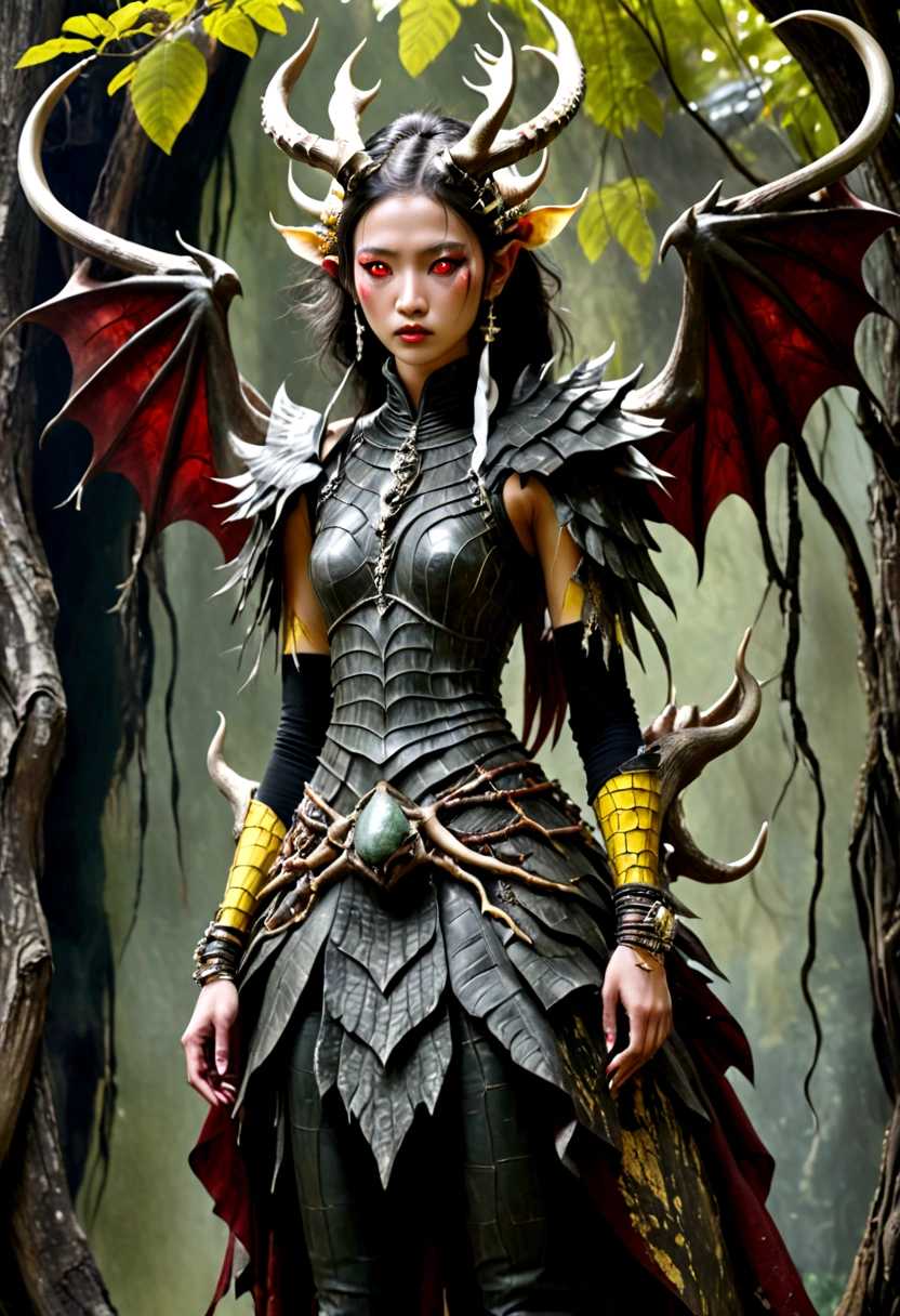YOUNG WOMAN, YOUNG GIRL, strange, secretive, mysterious creature, HAS large pitch black wings, clothes made from the skin of a wild bull full of blood, flat facial expression, cold teary eyes, her head grows very large. huge deer antlers, tied His waist was made of tree roots, he wore trousers made of dragon skin, his arms were covered with three layers of thick tree bark armor, and on his left and right arms were bracelets made of yellow jade. In his left and right hands he holds a keris made of sparkling marble. Her shoes were made of rhinoceros skin, and the beautiful young woman wore a male crocodile skin patch around her neck. original photos, real photography, natural, professional. Make it a masterpiece
