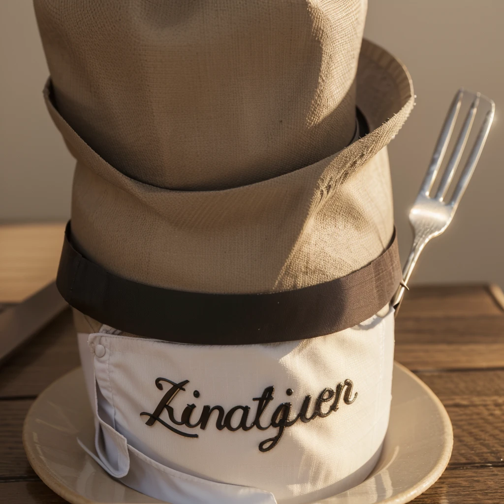3D a close up of a logo for a restaurant with a elegant chef hat, written "KANZ CATTERING" by rounded logo, with the spoon and fork around it, and around the logo written "Jln Husein Hamzah Gang Gunung Rinjani no47, 085261364954" photograph facing the front