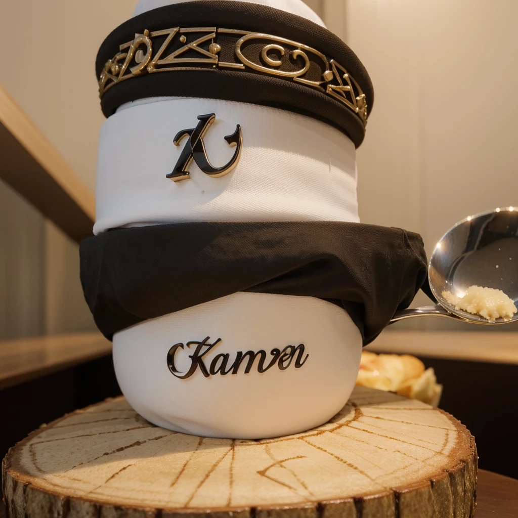 3D a close up of a logo for a restaurant with a elegant chef hat, written "KANZ CATTERING" by rounded logo, with the spoon and fork around it,  and around the logo written "Jln Husein Hamzah Gang Gunung Rinjani no47, 085261364954" photograph facing the front
