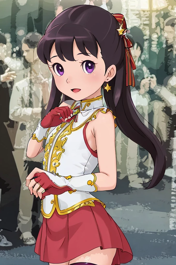 (masterpiece), (best quality), (ultra-detailed), intricate detail, detailed beautiful face and eyes,1girl, solo, purple eyes, purple hair, long dark blue hair, white earrings, red hairband, star hair ornament,fingerless gloves, gloves,pantyhose, jewelry, pleated_skirt,red skirt, short sleeves, Blunt Bangs,shizuka,hot