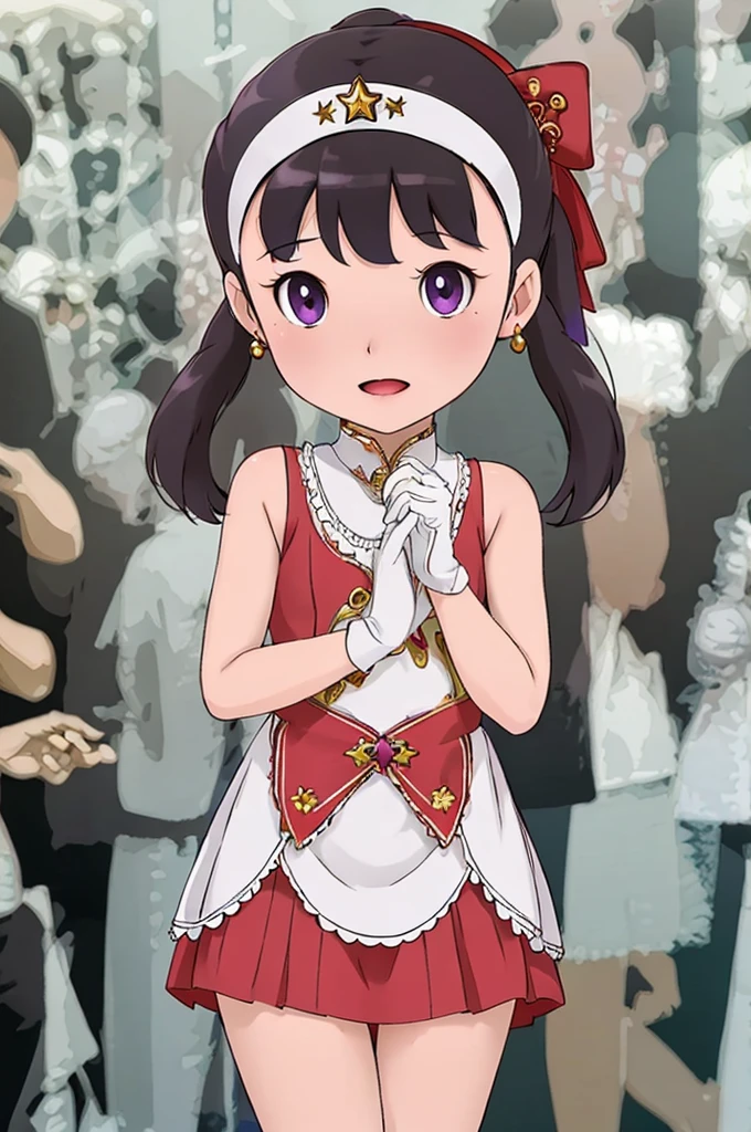 (masterpiece), (best quality), (ultra-detailed), intricate detail, detailed beautiful face and eyes,1girl, solo, purple eyes, purple hair, long dark blue hair, white earrings, red hairband, star hair ornament,fingerless gloves, gloves,pantyhose, jewelry, pleated_skirt,red skirt, short sleeves, Blunt Bangs,shizuka,hot