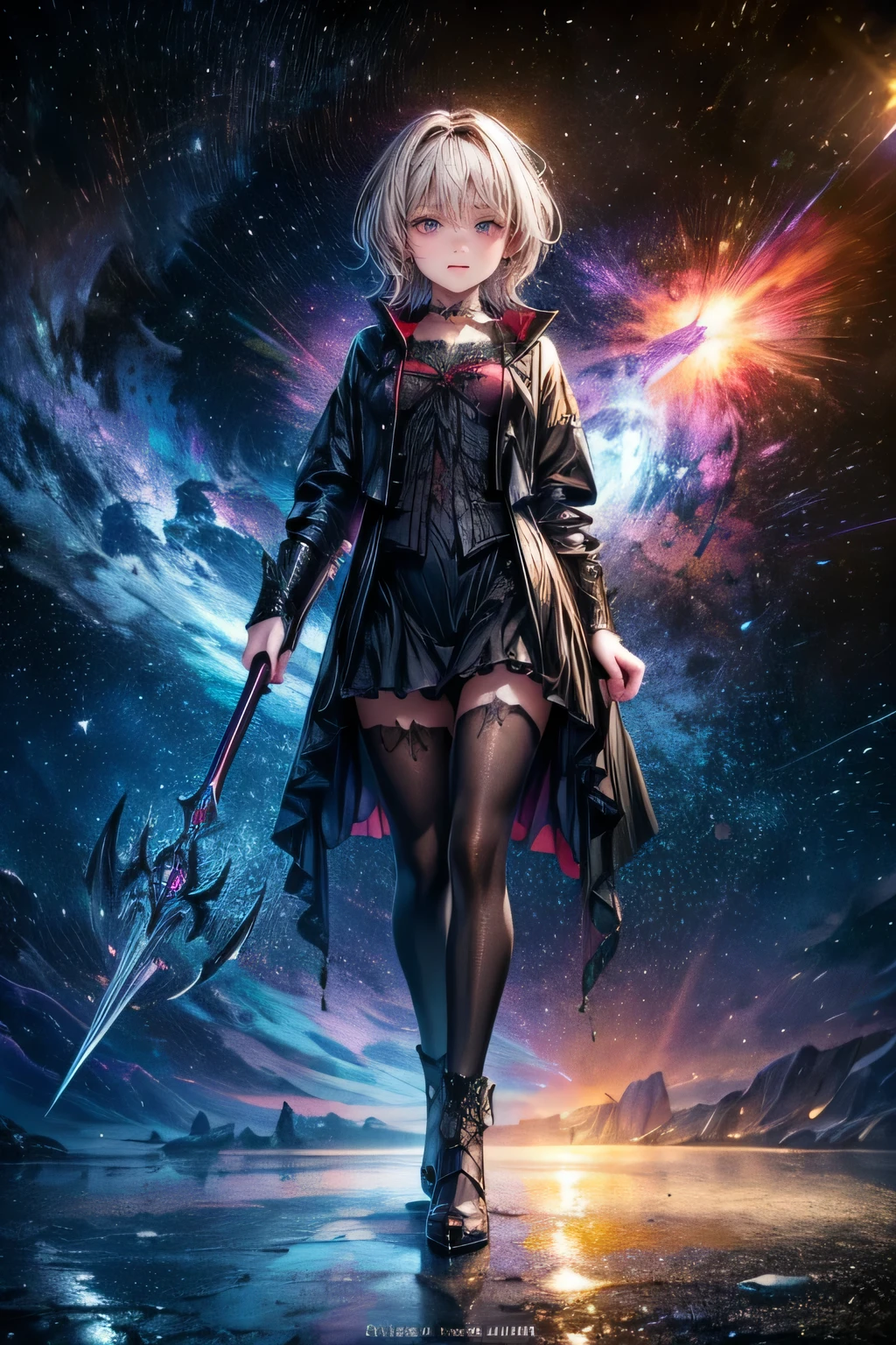 gothic style, fantasic Illustration, masterpiece: 1.2, highest quality, highres, 16k, beautiful detailed, ultra-realistic, photo realistic: 1.37, beautiful grim reaper girl wielding a large sickle, growing red eyes, shining pupils, blushed cheek, shiny rosy lips, delicate beautiful (hair, face, eyes, pupils, sickle), full-body wide view, dynamic posing,nijistyle,cute girl,woman,starrystarscloudcolorful