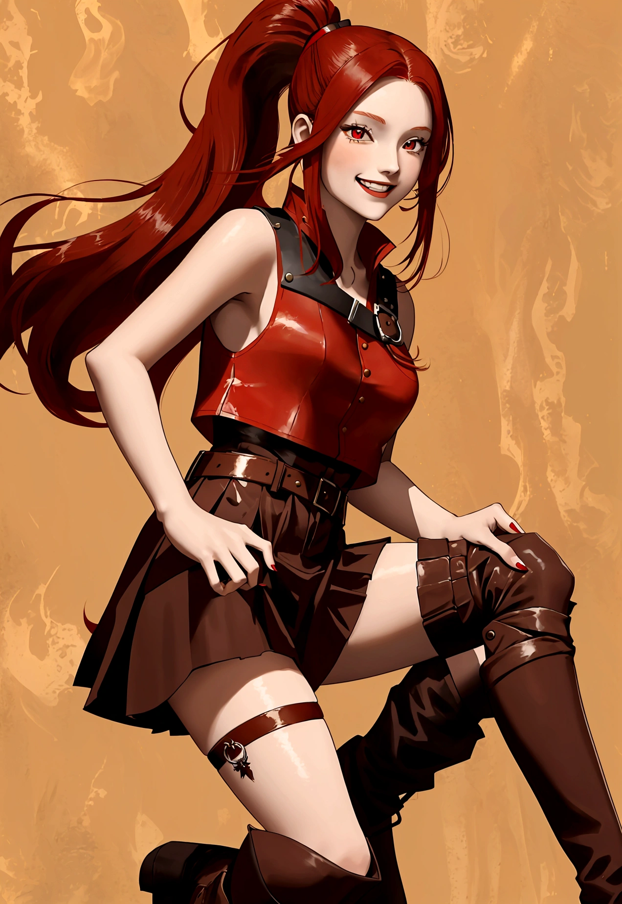 20 years old girl, long red hair, wears a ponytail, red eyes, always smiling. She dresses in an antique style, wearing a short brown skirt with black shorts underneath, ending above the knees. She wears knee-high brown boots. Her white blouse is sleeveless and features red details. She possesses fire powers and has a fire-themed background."