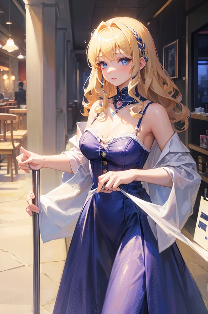 curl inside hair、8K, Highest quality, masterpiece, Ultra-detailed、curl inside hair、Blonde、Medium Hair、full lips、Blue Eyes、18Year-old beauty、Portrait、restaurant、dress、