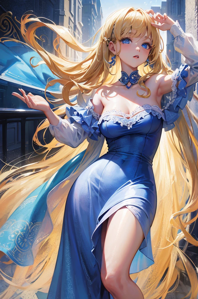 curl inside hair、８K, Highest quality, masterpiece, Ultra-detailed、curl inside hair、Blonde、Medium Hair、full lips、Blue Eyes、１８Year-old beauty、Portrait、restaurant、dress、