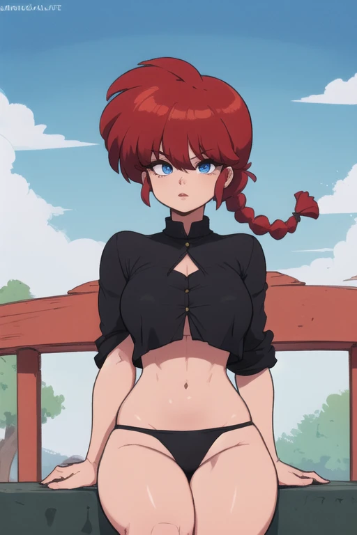RanmaChan, Red hair, Braided hair, blue eyes, detailed eyes, whole body, lindosexyrobutts, tight black blouse, black crop top, exposed navel, clothing attached to the body, Tanga sexy