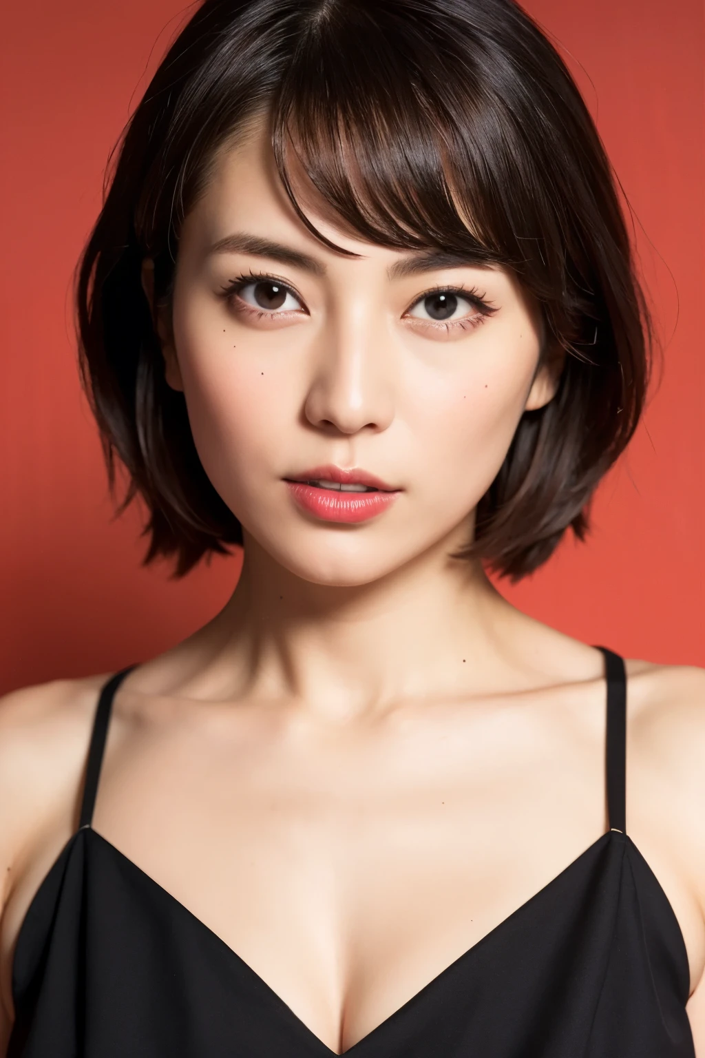 Highest quality, Realistic, Super detailed, High resolution, Plain background, 8k wallpaper, Beautiful Japanese Women, 1 person, Very cute and slim, Excellent style, Very delicate face, Super detailedな肌の質感, Red lipstick, Perfect Makeup, short hair, straggling hair, Gradient Hair, Super detailedな目と鼻, Sharp Eyes, Simple Background, Looking at the audience, Upper Body Shot, Cleavage, V-neck light knit