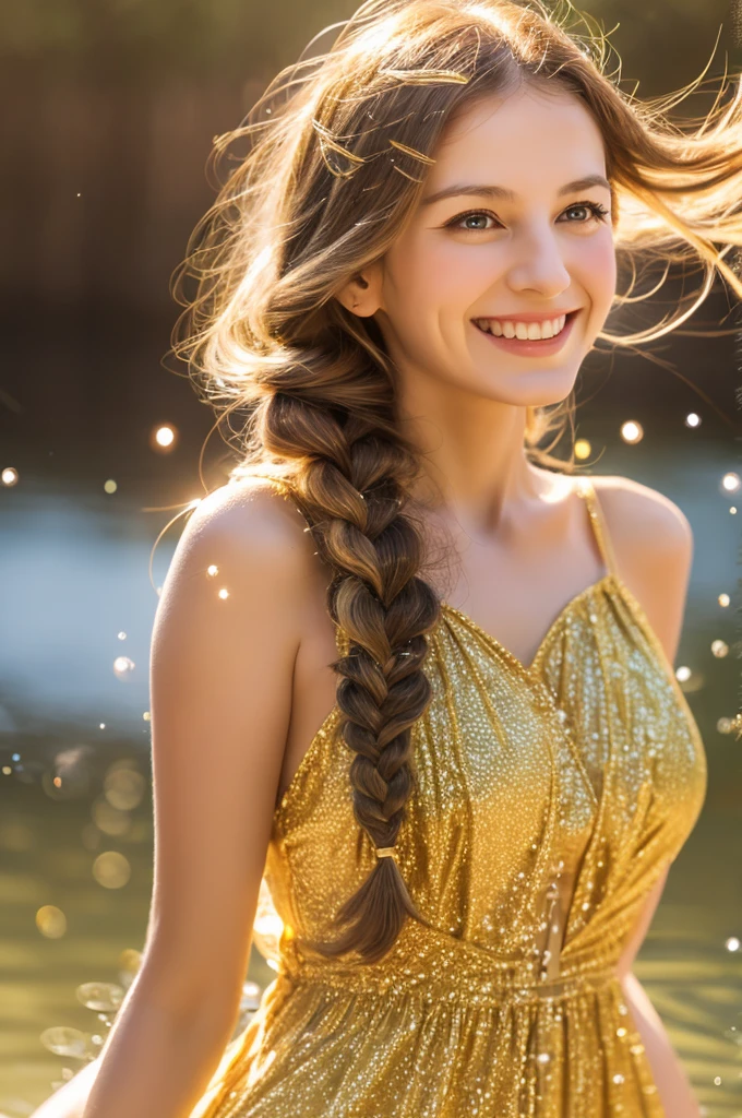 A wonderful masterpiece, upper body, (adult: 1.6) Hungarian women, (giggle: 0.4), arms behind head, golden braid, sparkling eyes, Victorian style sundress, floating light particles, in the middle, Add face details