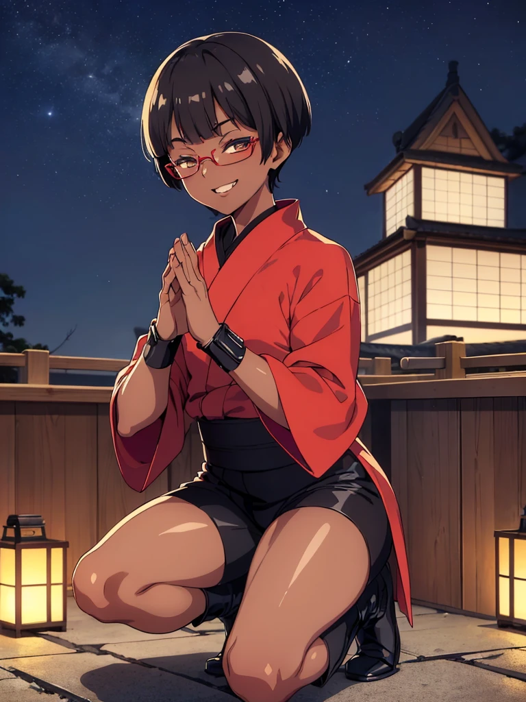 (flat chest:), (masterpiece:1.2), highest quality, High resolution, unity 8k wallpaper, (fine and beautiful eyes:1.6), highly detailed face, perfect lighting, Detailed CG, (perfect hands, perfect anatomy), (1 boy solo:1.4), 20 years old, black hair, extremely beautiful detailfeminine face and eyes, (evil smile:1.4), detailed eyes, best quality,( dark skin:1.8), (turtleneck shirt under yukata:1.2), (bike shorts:1.2), extremely detailed, very precise detailed, (glasses:1.3), blunt bangs, open mouth, (very short pixie cut:1.2), boots,fingerless gloves, smile, (half closed eyes:1.5), ,(on kawara roof),night sky, ,long sidelocks,(long red Scarf),(yukata),(squatting), ears,(acrobat pose:1.3),(squat:1.3),leaning forward,(one knee dwon:1.5),(Put one foot in front:1.3),(stylish pose:1.4),(Raise only index finger:1.1),(Joining hands:1.5),(retro artstyle:1.2), (1990s \(style\)),