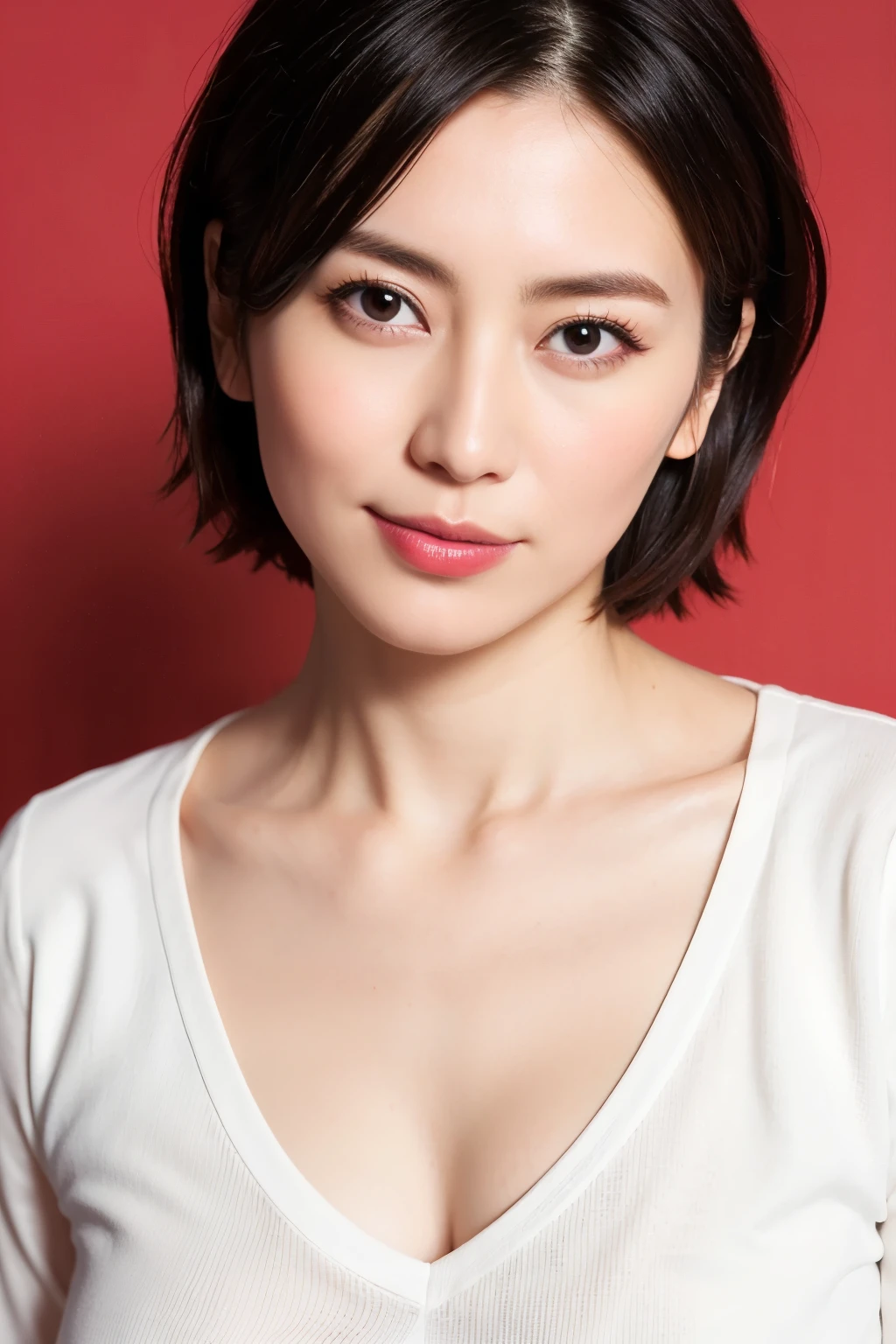 Highest quality, Realistic, Super detailed, High resolution, Plain background, 8k wallpaper, Beautiful Japanese Women, 1 person, Very cute and slim, Excellent style, Very delicate face, Super detailedな肌の質感, Red lipstick, Perfect Makeup, short hair, straggling hair, Gradient Hair, Super detailedな目と鼻, Sharp Eyes, Simple Background, Looking at the audience, Upper Body Shot, Cleavage, V-neck light knit