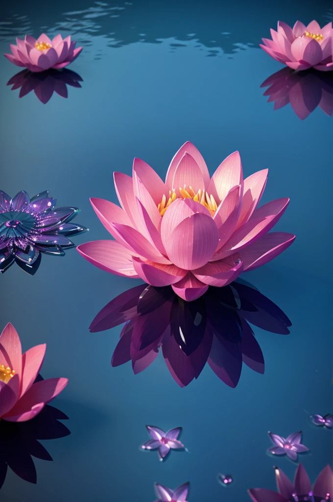 Sun rise Stunning photography of a huge deep bright pink crystal lotus .with cryestal effect . on a cryestal clear blue lake .water drops on flower .3d render full screen