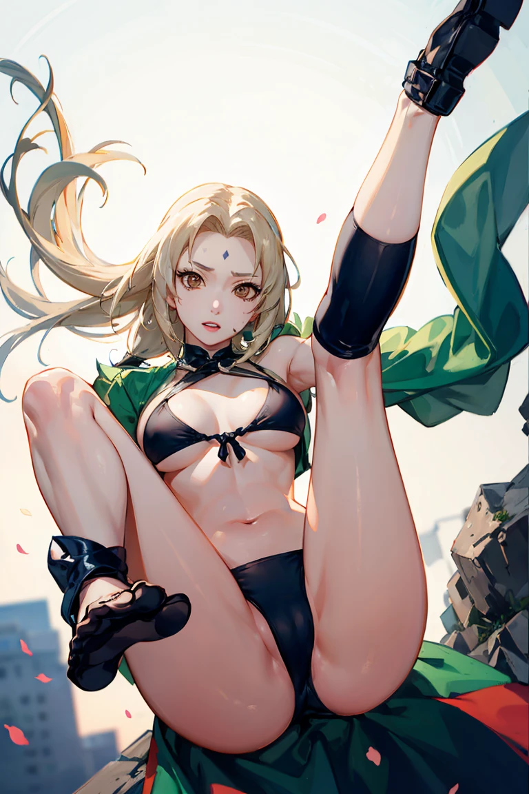 Highest quality、Best image quality、masterpiece、One Woman、Tsunade Def, Forehead mark, Bikini Top Holder, White leggings、High kick, ((legs up)), smail, Natural light、Shallow depth of field、Lens flare、Dynamic Angle,