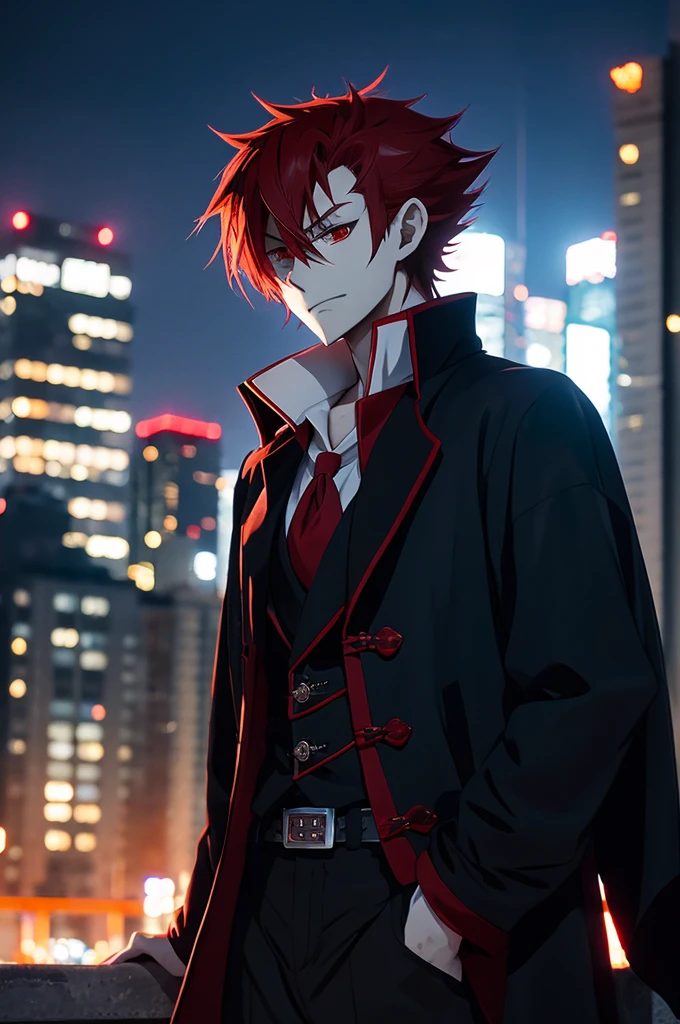 anime character red hair and a black jacket, red hair, Handsome boy anime, male anime characters, 1 boy, alone, Suo Mikoto, K Project, (((vampire))), madness, Malkavian, City in the background, (nighttime), Beaming, Cowboy Shot, dynamic light