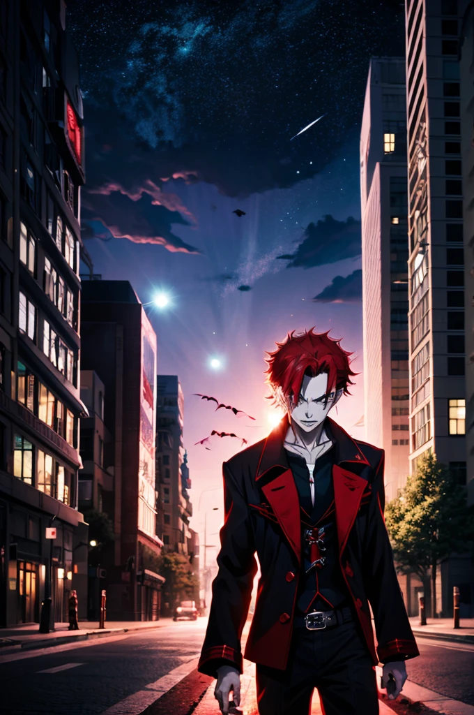 anime character red hair and a black jacket, red hair, Handsome boy anime, male anime characters, 1 boy, alone, Suo Mikoto, K Project, (((vampire))), madness, Malkavian, City in the background, (nighttime), Beaming, Cowboy Shot, dynamic light