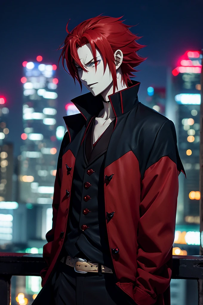 anime character red hair and a black jacket, red hair, Handsome boy anime, male anime characters, 1 boy, alone, Suo Mikoto, K Project, (((vampire))), madness, Malkavian, City in the background, (nighttime), Beaming, Cowboy Shot, dynamic light