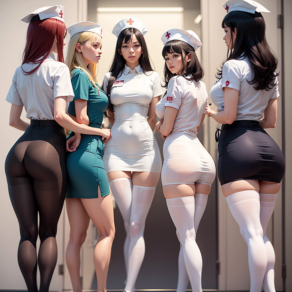 A group of nurses wearing white tights and hats