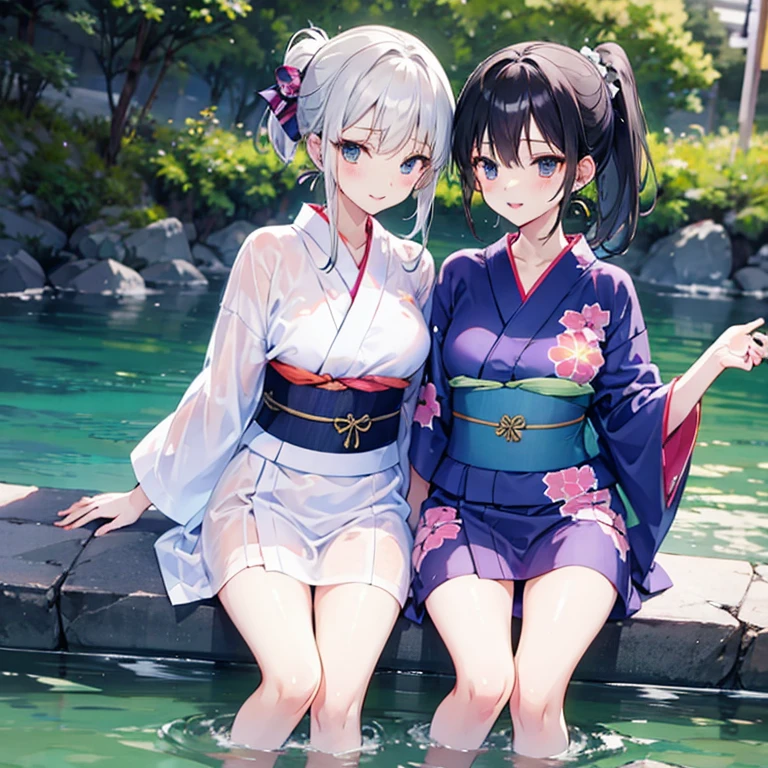 Anime Moe Art Style,Highest quality,High resolution,Anatomically correct,Multiple Girls,Mid-teens,Mr.々Hair style,Super detailed,Big Breasts,Shiny skin,Beautiful Skin,A rich expression,A big smile,high school girl,Nipples are visible,yukata,Hot spring inn,Show off your chest,Naked upper body,Sexy pose,Collapse your legs and sit down,Eyes drawn in detail,8K