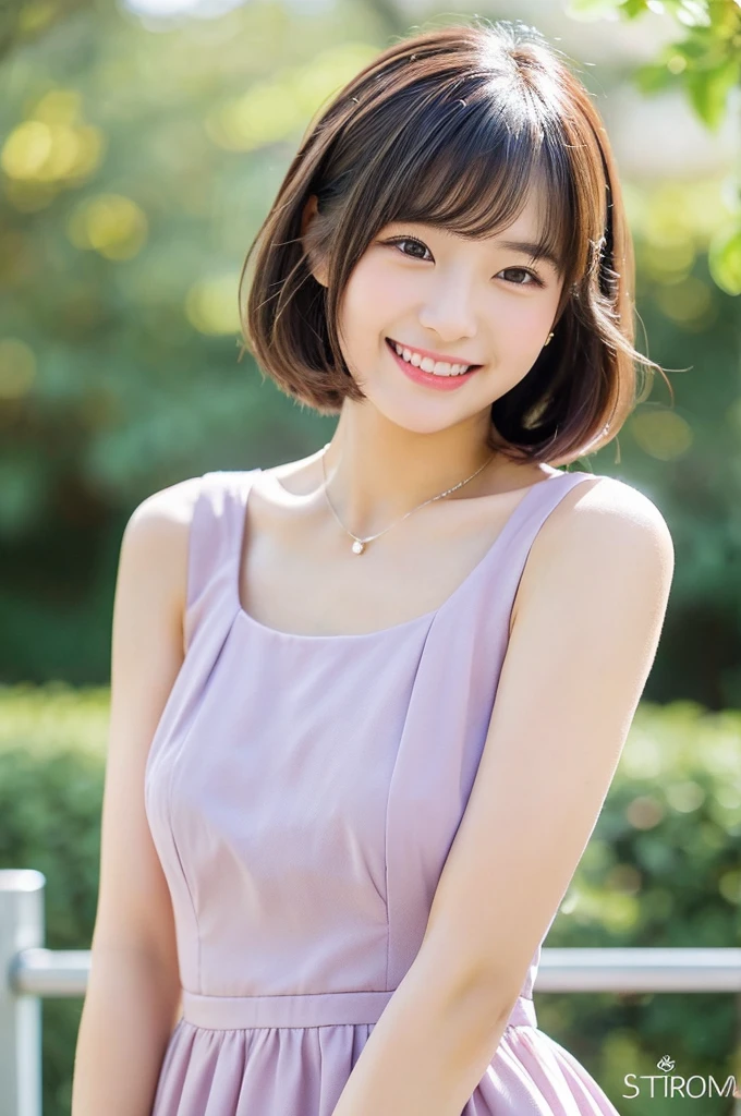 Medium Shot. A realistic, photo-style image of a cute 20-year-old Japanese woman with short, dark brown hair styled in a bob. She is wearing a frilly, pastel blue and pink dress with a large bow at the neckline. She is winking and smiling, exuding a playful and charming demeanor. The background is plain white, allowing the focus to remain on her cheerful expression and detailed outfit. The overall scene captures her sweet and lively personality with a realistic touch.