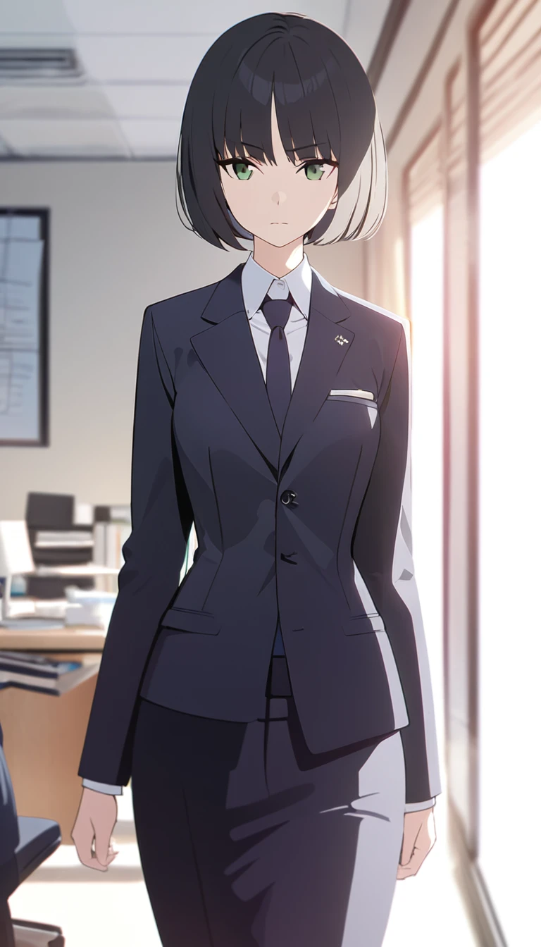 (masterpiece, high quality, best quality, highres,) One Woman, young, black hair, bob cut, Green Eyes, Athletic build, expressionless, closed mouth, office staff suit, Simple white background, standing, cowboy shot, (from the front)