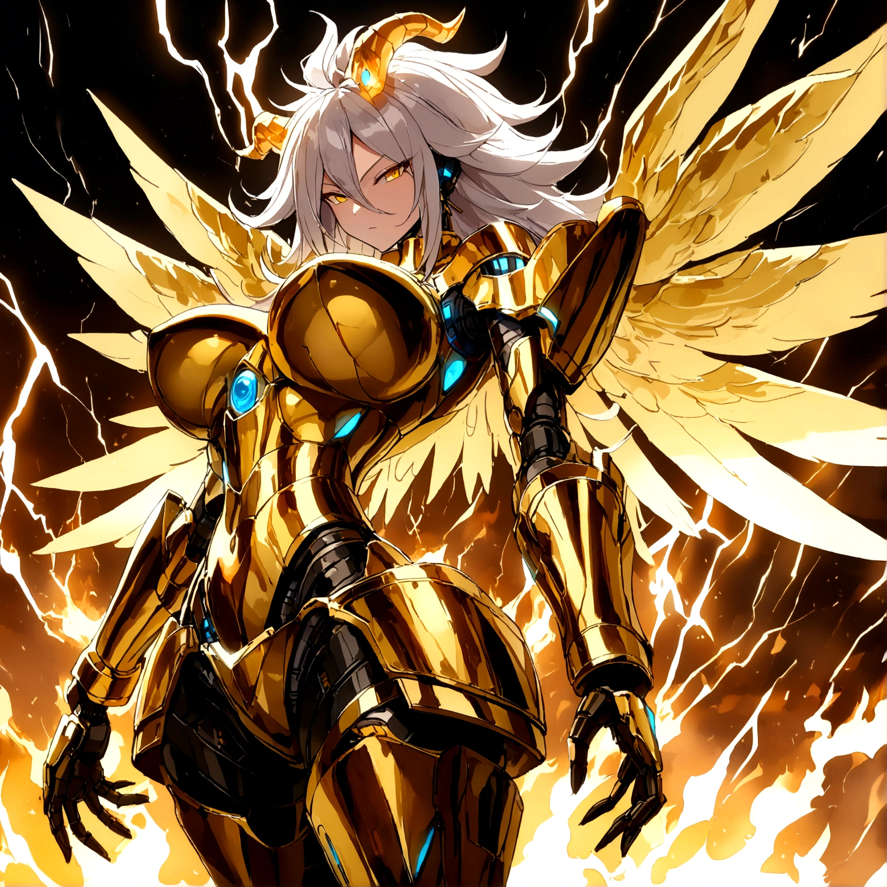 ((((Rasengan)))), ((Lightning Power)), ((Electricity)), ((Fire Background)), ((Lightning Storm)), ((Power Erupting)), ((((android 21)))), (((Evil Power))), (((white Coat))), (((Busty))), (((((Big breast:1,3)))), luxury bustier corset, (((silver hair))), (((Very slim waist))), propotional body, ((Gorgeous)), (((Fire Blazing Horns))), ((((gold wings))), masterpiece, hyperdetail, ambient effect, digital effect, (((Fire Gold Armor))), (((Lightning Gold Wings)))