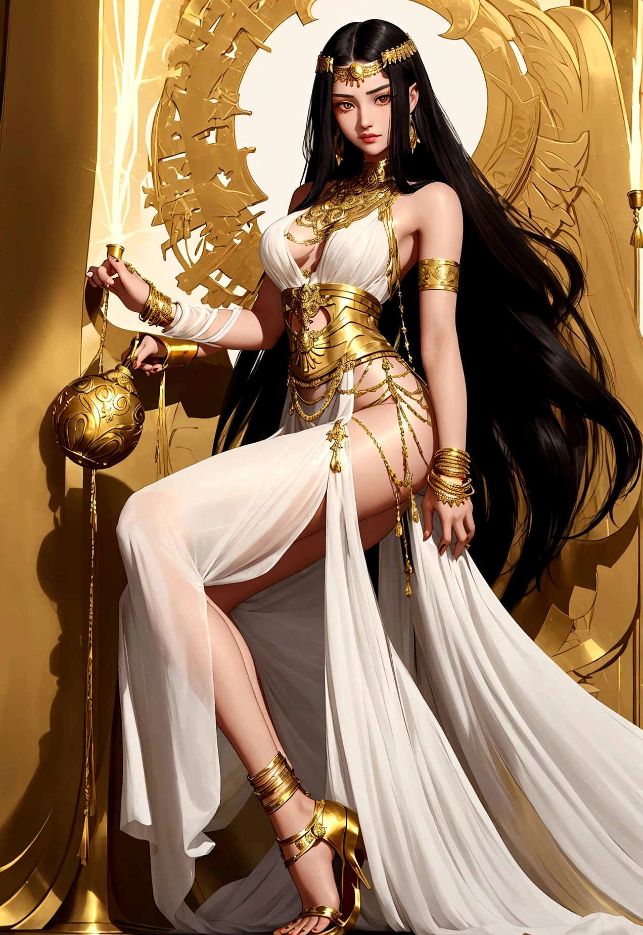 20 years old, with long black hair down to her waist, golden eyes. She wears jewelry and dresses in an antique style, donning a long white dress with golden details. She wears elegant gladiator sandals. She possesses golden powers and has a golden-themed background.