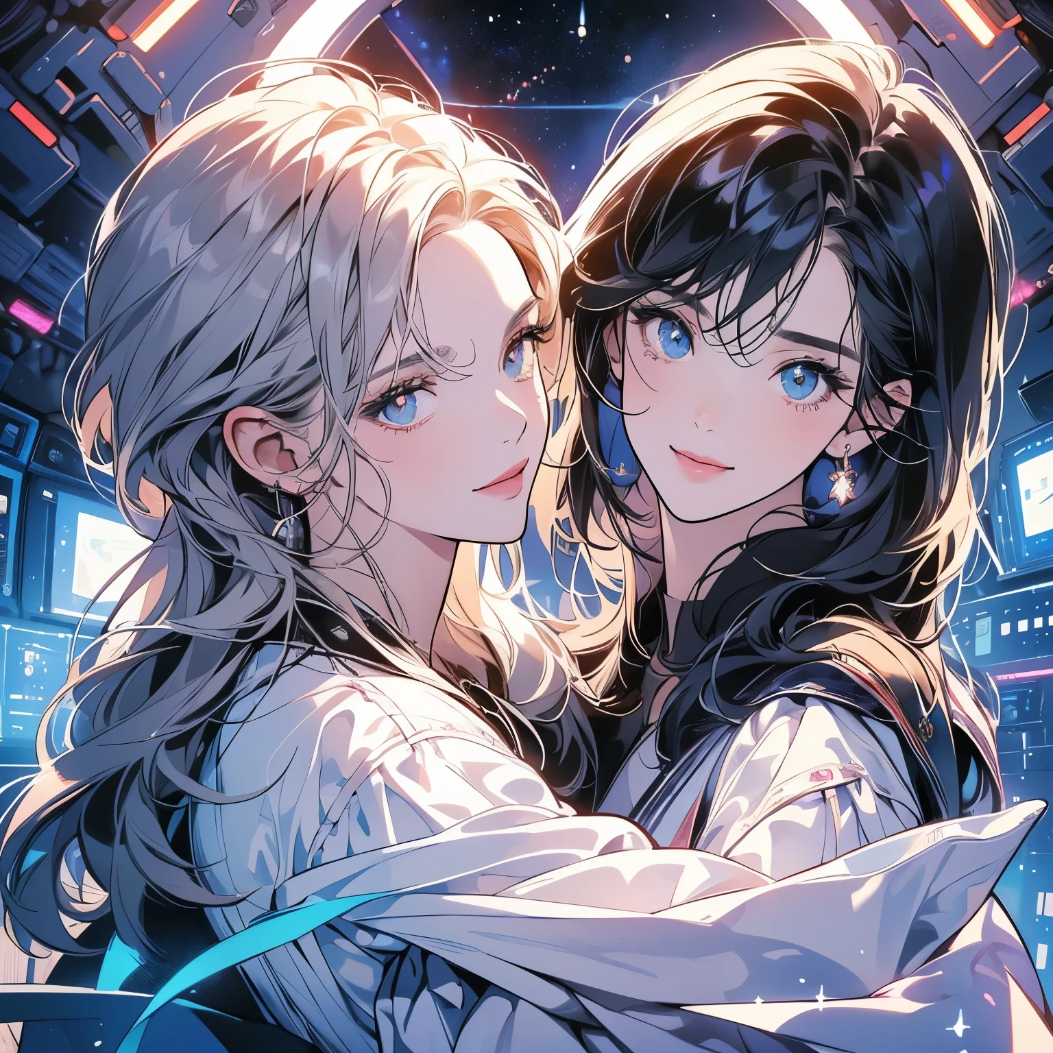  (((beautiful "Two women" leaning against each other))), inside a spaceship, perfect machine,  perfect face, zero gravity, outer space, lots of wires, switchboard, perfect and detailed machine, detailed hair, (((Various angles))), most beautiful woman alive, (((head shot))) , Super detailed background, top quality,Various unique hairstyles, Ghost in the Shell, sparkling eyes, Outer space in the background, Unique and perfect face, Pale Lighting,  (((Various eyes colors))), (((Snuggle up like a lover))), short hair,smile, Separate eye color, separate hair styles