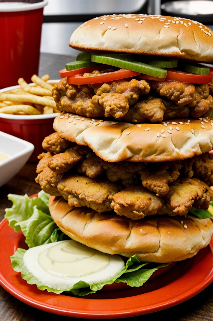 Hamburger eating fried chicken