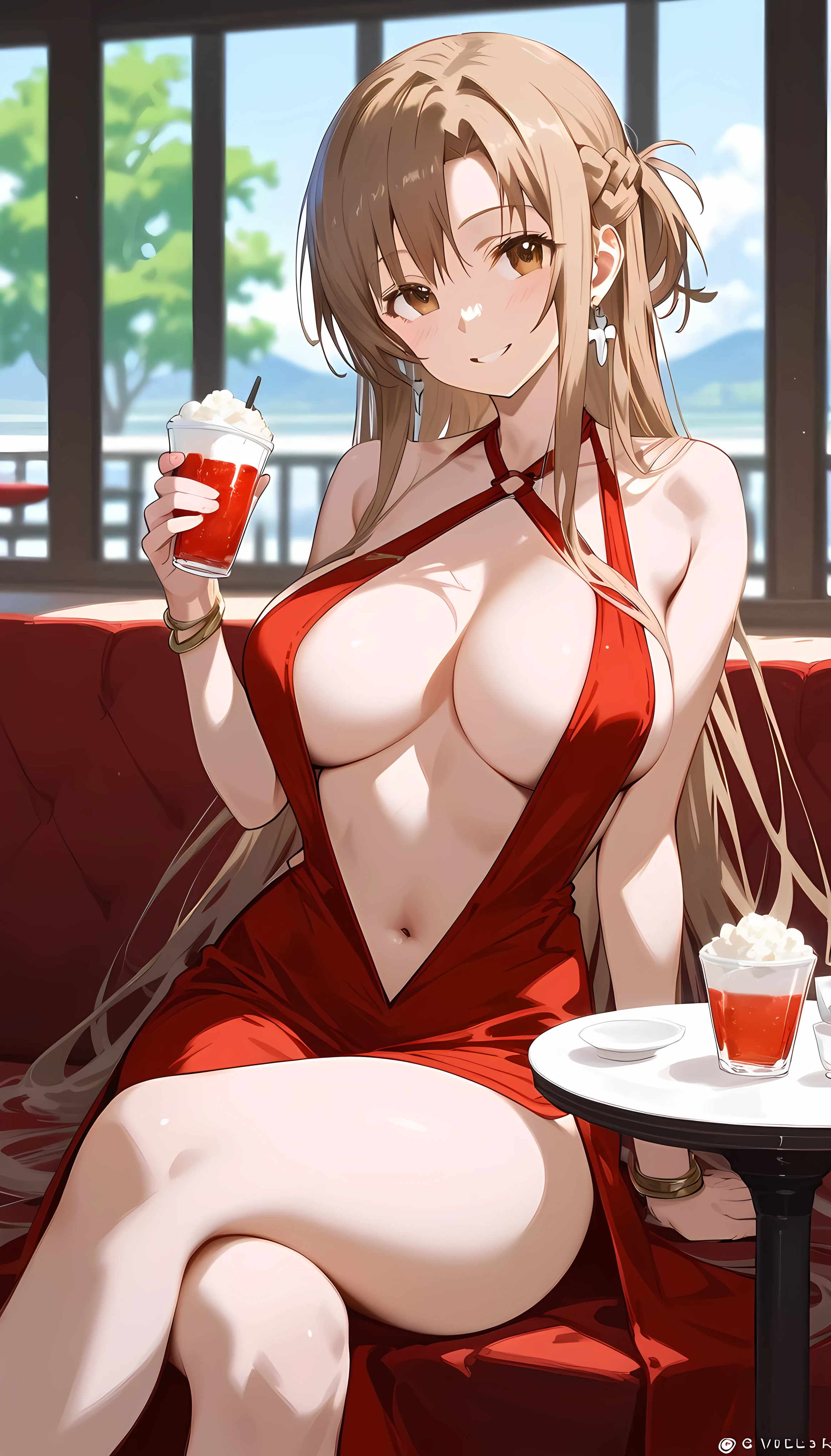score_9,score_8_up,score_7_up,18 year old,1girl,asuna \(sao-alo\), sword art online,yuuki asuna,solo,nsfw,brown eyes, brown hair, long hair, bangs, braid,sitting,crossed legs, holding cup,seductive-smile,blush,large breasts,brown hair,parted hair,long hair,red dress,halter dress,plunging neckline,center opening,cleavage,navel,earrings,bracelet,restaurant,