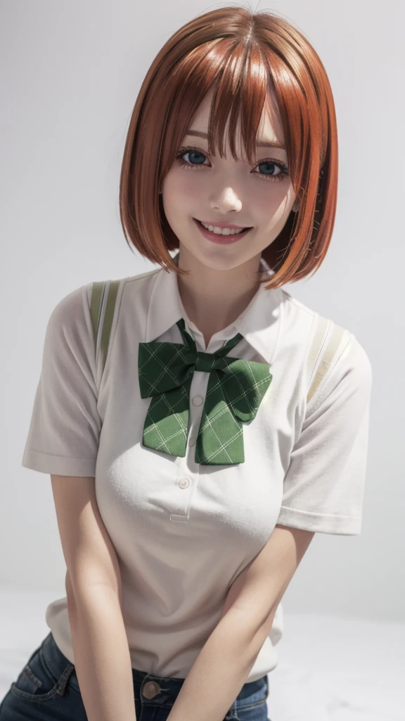 solo, 1girl, looking at viewer, 2D, anime, anime coloring, upper body, (solid white background:1.3), yotsuba nakano, sweater vest, white shirt, bowtie, short sleeves, looking at viewer, smile, :D