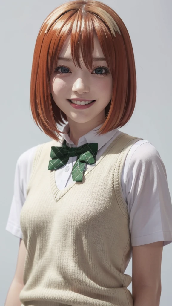 solo, 1girl, looking at viewer, 2D, anime, anime coloring, upper body, (solid white background:1.3), yotsuba nakano, sweater vest, white shirt, bowtie, short sleeves, looking at viewer, smile, :D