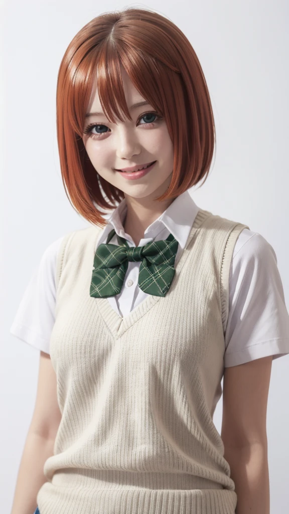 solo, 1girl, looking at viewer, 2D, anime, anime coloring, upper body, (solid white background:1.3), yotsuba nakano, sweater vest, white shirt, bowtie, short sleeves, looking at viewer, smile, :D