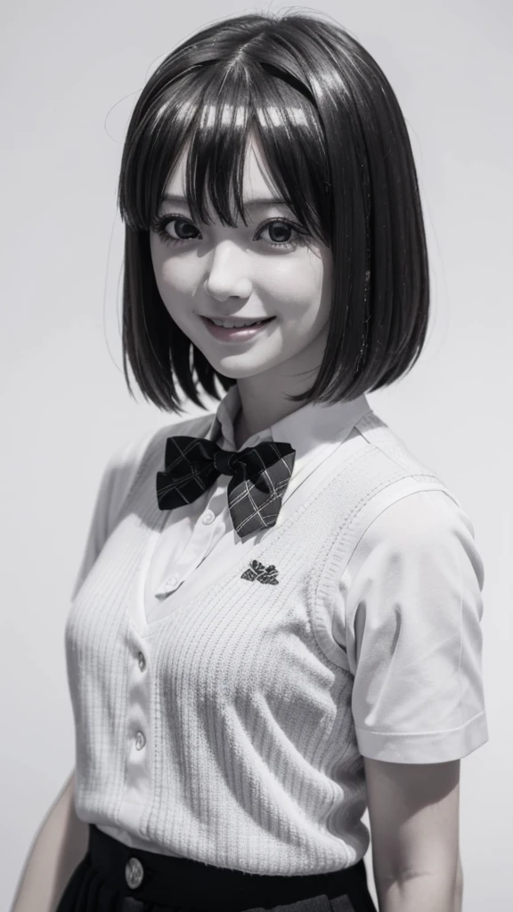 solo, 1girl, looking at viewer, 2D, anime, anime coloring, upper body, (solid white background:1.3), yotsuba nakano, sweater vest, white shirt, bowtie, short sleeves, looking at viewer, smile, :D