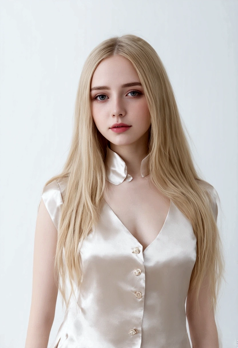 (((Blonde、forehead、Long hair、White background、Vest、Russia、Northern Europe)))、masterpiece, best quality, 8K,, 20th Generation, (Large Breasts:1.2), The background is white, Lovely, Solitary, sad, closure, Lovely, Girlish feeling, delicate girl, Pure beauty, original photo, Professional photography, image, Soft Light, Professional lighting, Backlight, Upper Body, complicated, Film Grain, (Eyes and facial details:1.0) , beautiful, Flowing hair, Silk top,