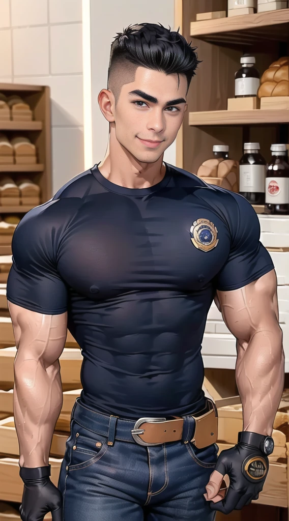 1 man,(Skinheads hairstyles) ,black eye,(Wear a fitted round neck t-shirt in navy with a police badge.:1.3),(fit neck),Navy blue jeans,(black_gloves), Korean guy,chest muscles,large arm muscles,blood vessel,Big muscles,Broad shoulders, smile, middle of the road,(full_shot:1.6),(In the bread shop:1.2),