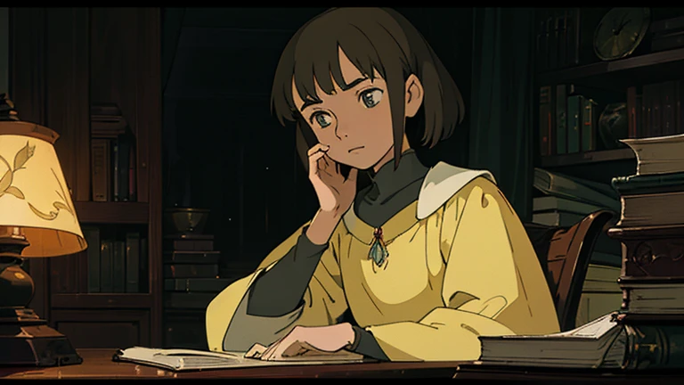 A girl, ensconced in a cozy corner on a rainy evening, sits surrounded by a jumble of books with an intensely profound study attitude. The soft yellow glow of the desk lamp illuminates her thoughtful expression, revealing her deep concentration and composed posture. Her inquisitive eyes dart back and forth between the pages, her nimble fingers turning them with subtle tilt, as she absorbs the old world wisdom contained within. The timeworn margins and sultry aura of the books add to the quiet night ambiance, creating a peaceful and tranquil countenance. This scholarly young woman, clad in plain attire, appears to be a seeker of knowledge and intellect