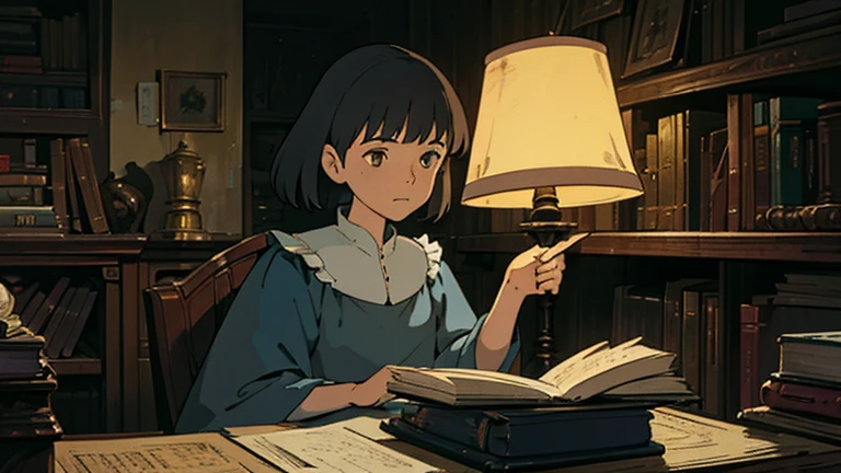 A girl, ensconced in a cozy corner on a rainy evening, sits surrounded by a jumble of books with an intensely profound study attitude. The soft yellow glow of the desk lamp illuminates her thoughtful expression, revealing her deep concentration and composed posture. Her inquisitive eyes dart back and forth between the pages, her nimble fingers turning them with subtle tilt, as she absorbs the old world wisdom contained within. The timeworn margins and sultry aura of the books add to the quiet night ambiance, creating a peaceful and tranquil countenance. This scholarly young woman, clad in plain attire, appears to be a seeker of knowledge and intellect