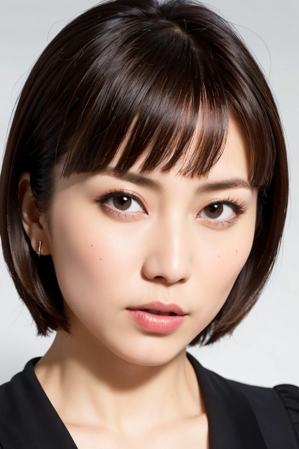 Highest quality, Realistic, Super detailed, High resolution, Plain background, 8k wallpaper, Beautiful Japanese Women, 1 person, Very cute and slim, Excellent style, Very delicate face, Super detailedな肌の質感, Red lipstick, Perfect Makeup, short hair, straggling hair, Gradient Hair, Super detailedな目と鼻, Sharp Eyes, Simple Background, Looking at the audience, Upper Body Shot, Cleavage, V-neck light knit